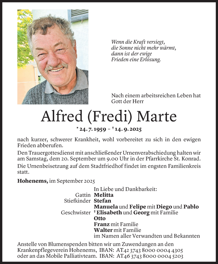  Todesanzeige für Alfred Marte vom 16.09.2025 aus Vorarlberger Nachrichten