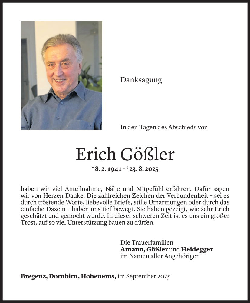  Todesanzeige für Erich Gößler vom 19.09.2025 aus Vorarlberger Nachrichten