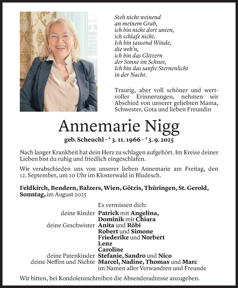  Todesanzeige für Annemarie Nigg vom 09.09.2025 aus Vorarlberger Nachrichten