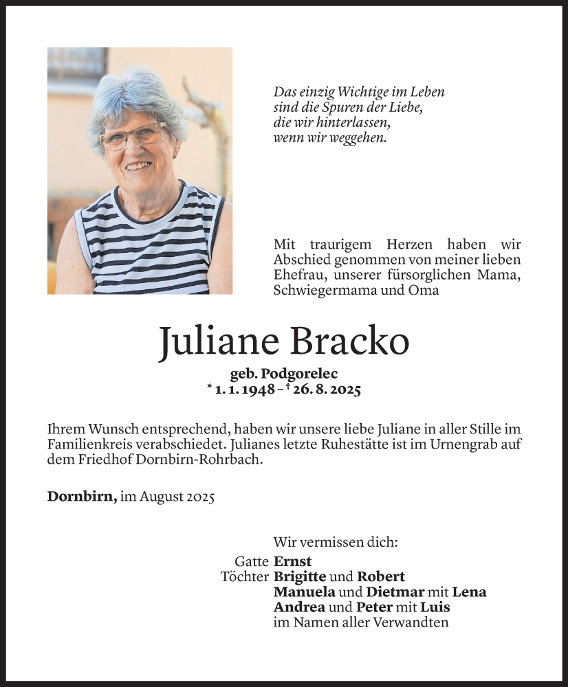  Todesanzeige für Juliane Bracko vom 06.09.2025 aus Vorarlberger Nachrichten
