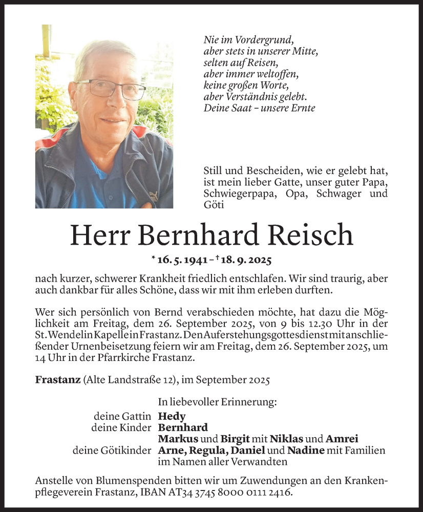  Todesanzeige für Bernhard Reisch vom 22.09.2025 aus Vorarlberger Nachrichten