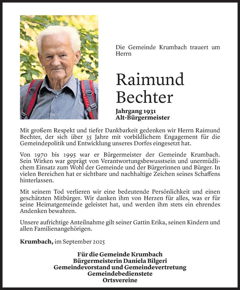  Todesanzeige für Raimund Bechter vom 29.09.2025 aus Vorarlberger Nachrichten