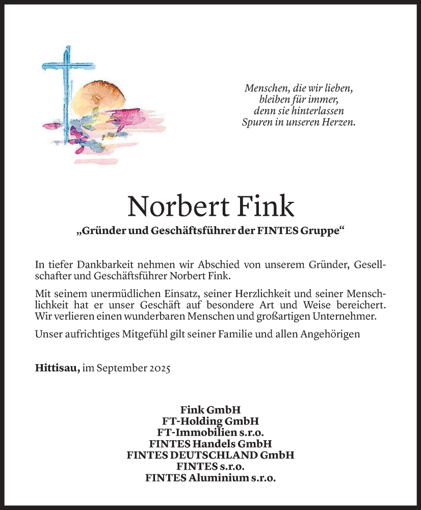  Todesanzeige für Norbert Fink vom 24.09.2025 aus Vorarlberger Nachrichten