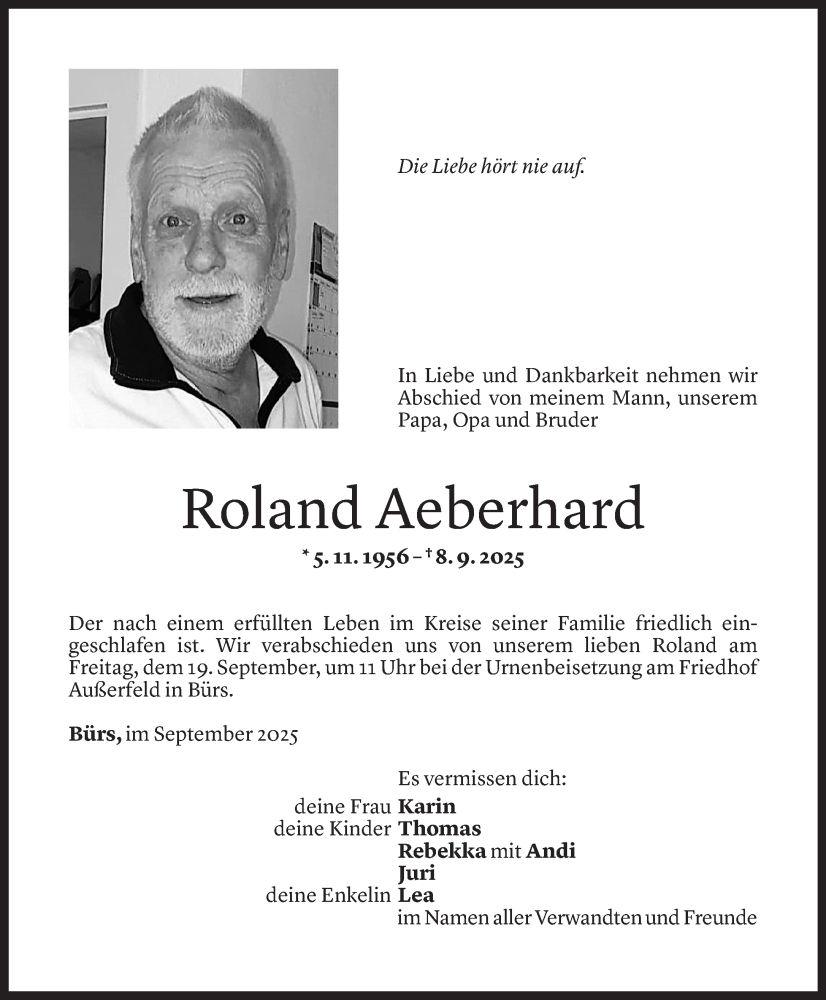  Todesanzeige für Roland Aeberhard vom 15.09.2025 aus Vorarlberger Nachrichten