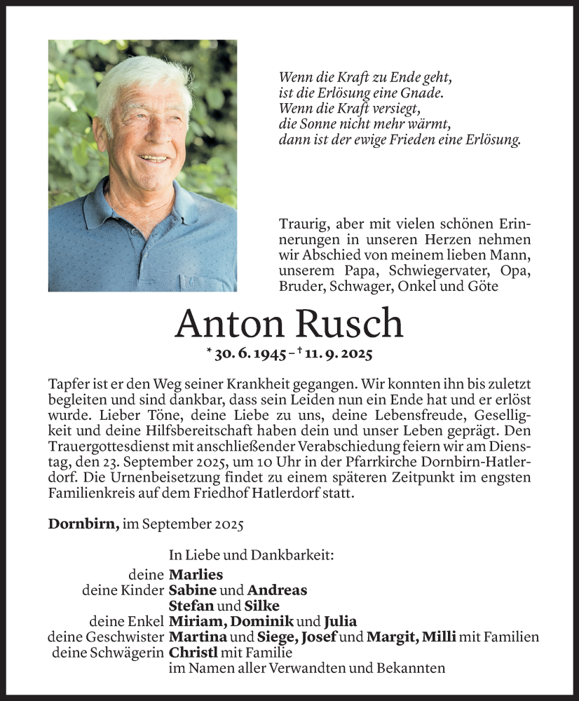  Todesanzeige für Anton Rusch vom 17.09.2025 aus Vorarlberger Nachrichten