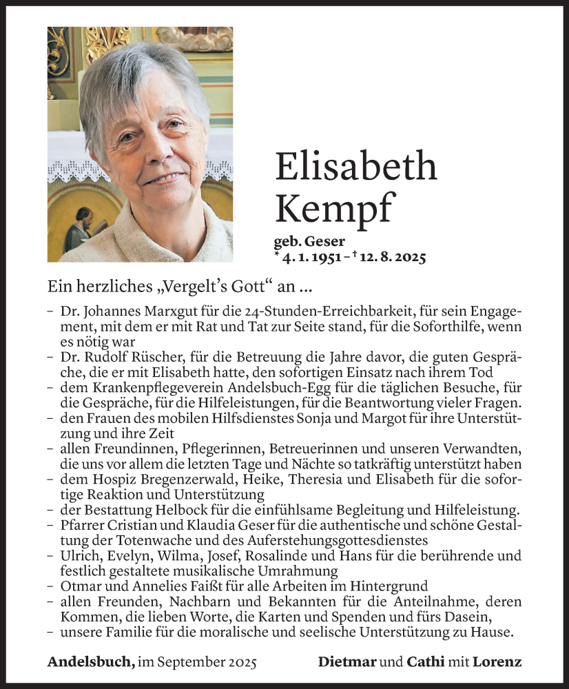  Todesanzeige für Elisabeth Kempf vom 11.09.2025 aus Vorarlberger Nachrichten
