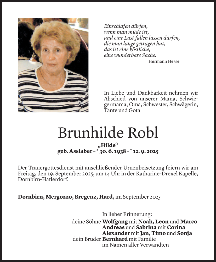  Todesanzeige für Brunhilde Robl vom 16.09.2025 aus Vorarlberger Nachrichten