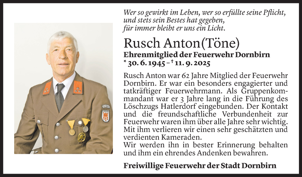  Todesanzeige für Anton Rusch vom 17.09.2025 aus Vorarlberger Nachrichten