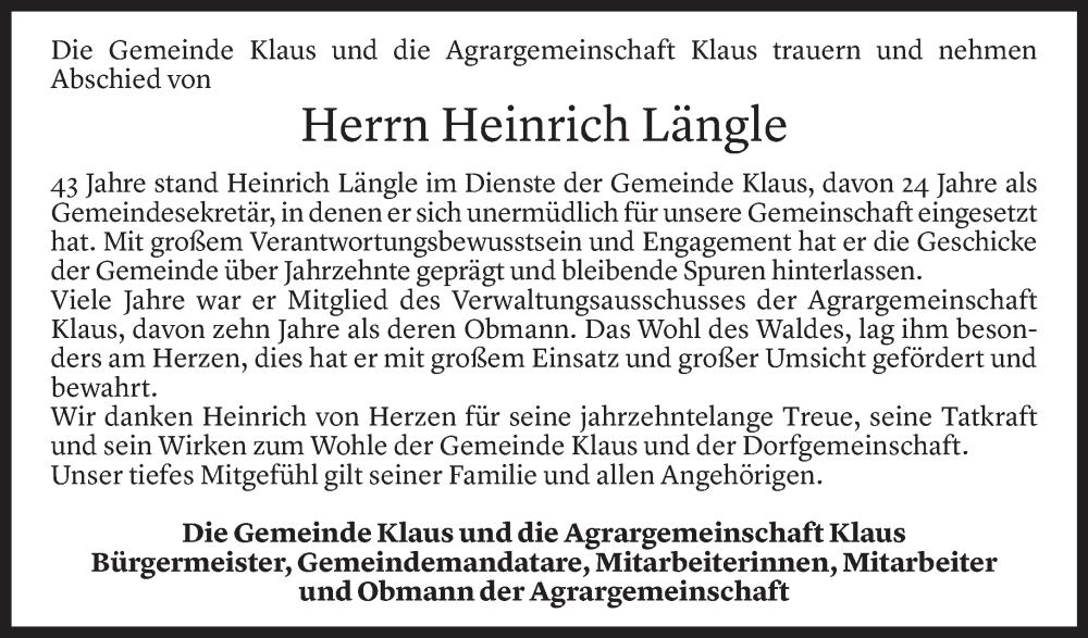  Todesanzeige für Heinrich Längle vom 24.09.2025 aus Vorarlberger Nachrichten