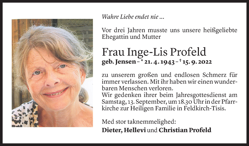  Todesanzeige für Inge-Lis Profeld vom 05.09.2025 aus Vorarlberger Nachrichten
