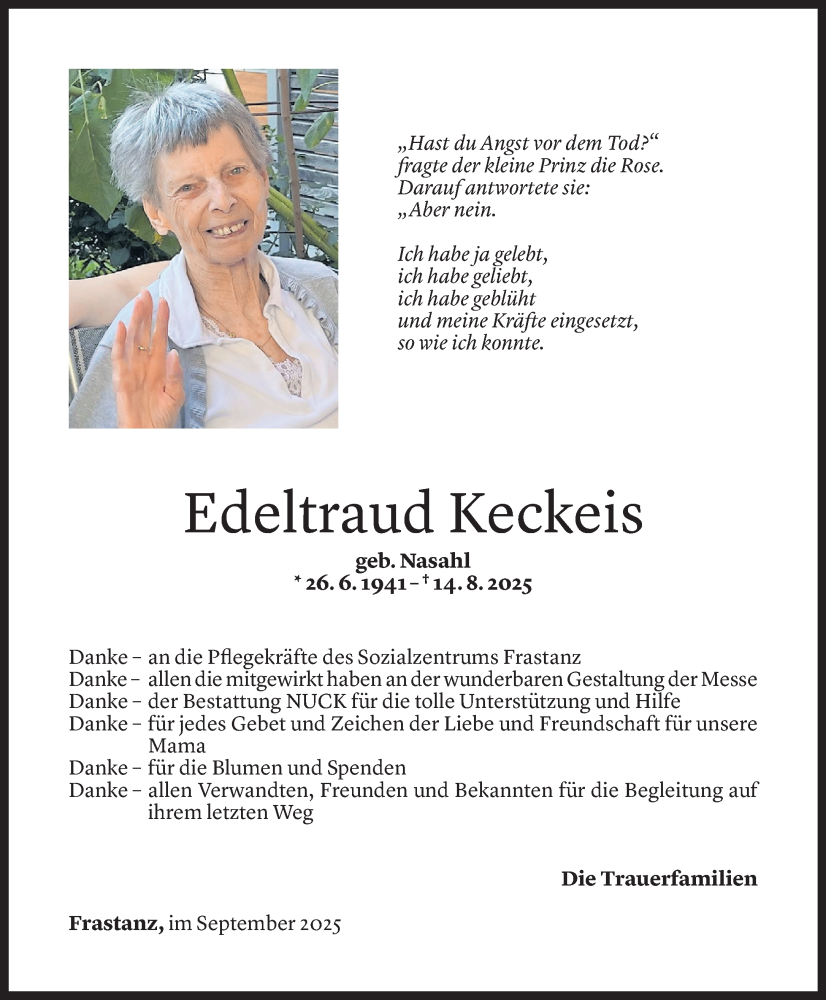  Todesanzeige für Edeltraud Keckeis vom 12.09.2025 aus Vorarlberger Nachrichten