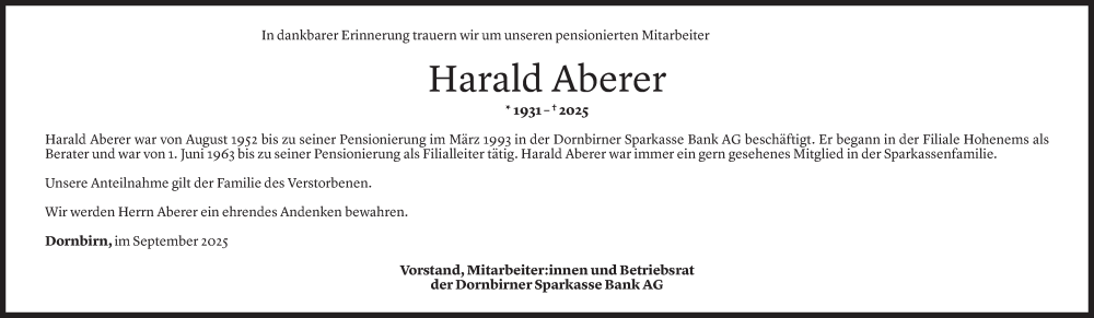  Todesanzeige für Harald Aberer vom 10.09.2025 aus Vorarlberger Nachrichten
