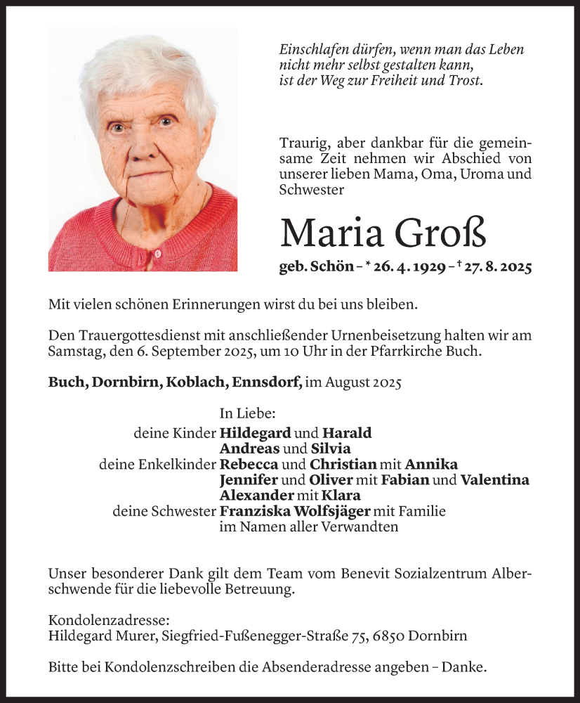  Todesanzeige für Maria Groß vom 02.09.2025 aus Vorarlberger Nachrichten
