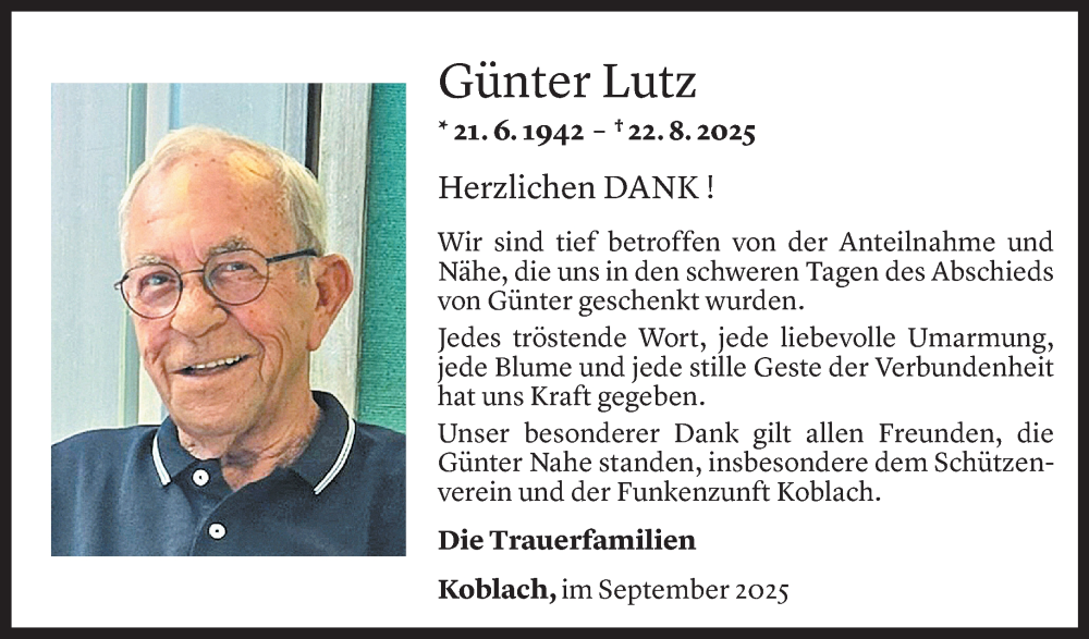  Todesanzeige für Günter Lutz vom 16.09.2025 aus Vorarlberger Nachrichten