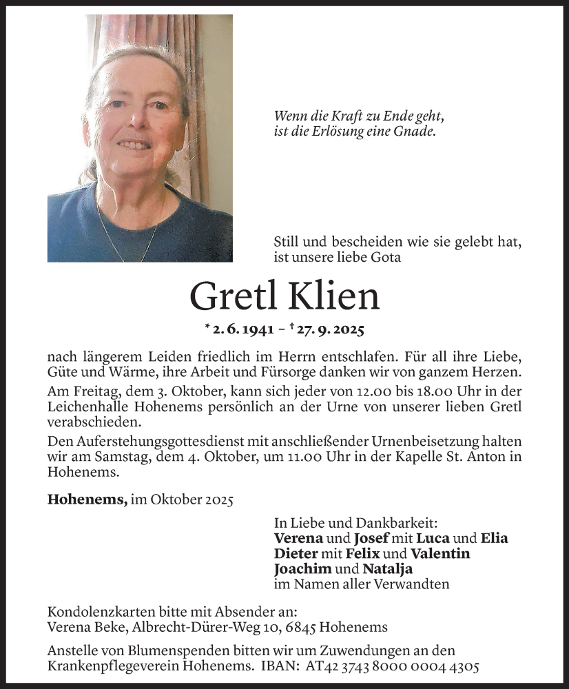  Todesanzeige für Gretl Klien vom 30.09.2025 aus Vorarlberger Nachrichten