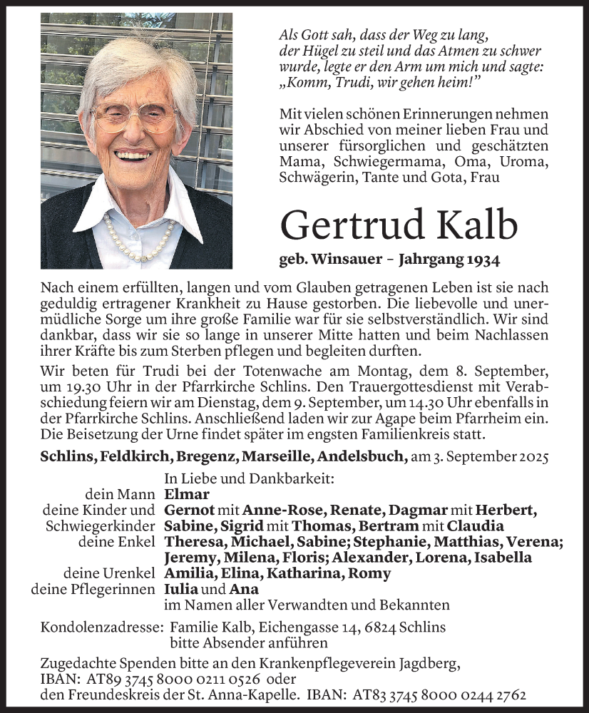  Todesanzeige für Gertrud Kalb vom 04.09.2025 aus Vorarlberger Nachrichten