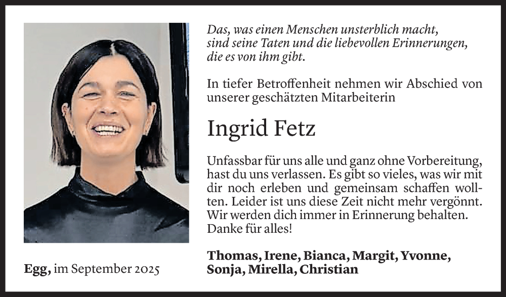  Todesanzeige für Ingrid Fetz vom 26.09.2025 aus Vorarlberger Nachrichten