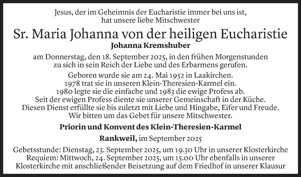  Todesanzeige für Johanna Kremshuber vom 21.09.2025 aus Vorarlberger Nachrichten