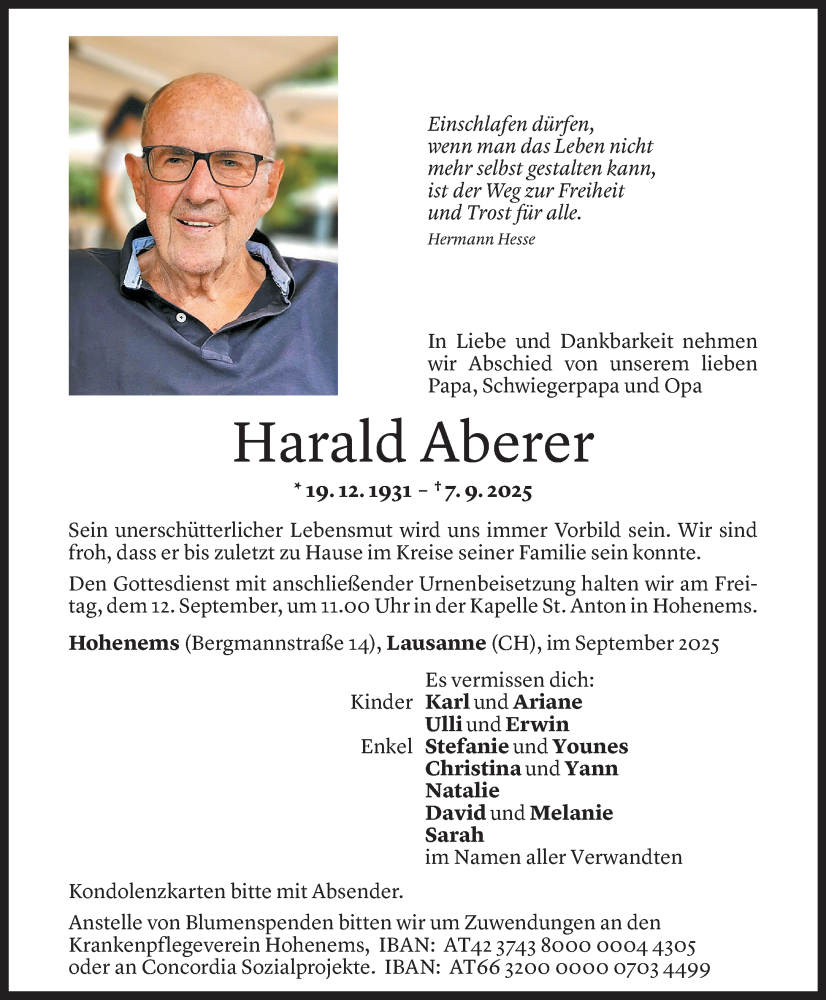  Todesanzeige für Harald Aberer vom 09.09.2025 aus Vorarlberger Nachrichten