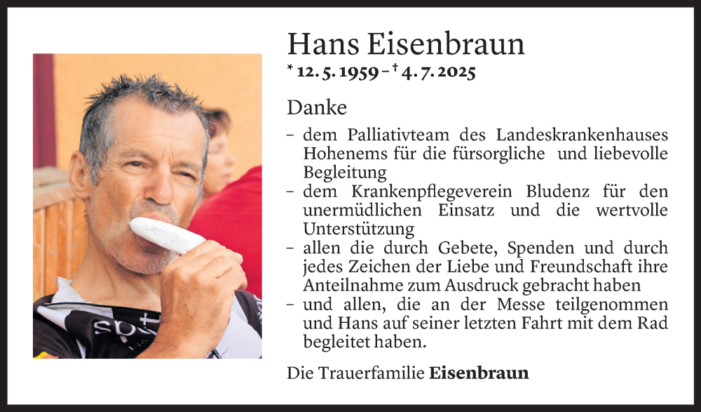  Todesanzeige für Hans Eisenbraun vom 04.09.2025 aus Vorarlberger Nachrichten