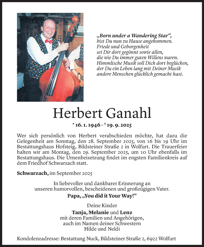  Todesanzeige für Herbert Ganahl vom 24.09.2025 aus Vorarlberger Nachrichten