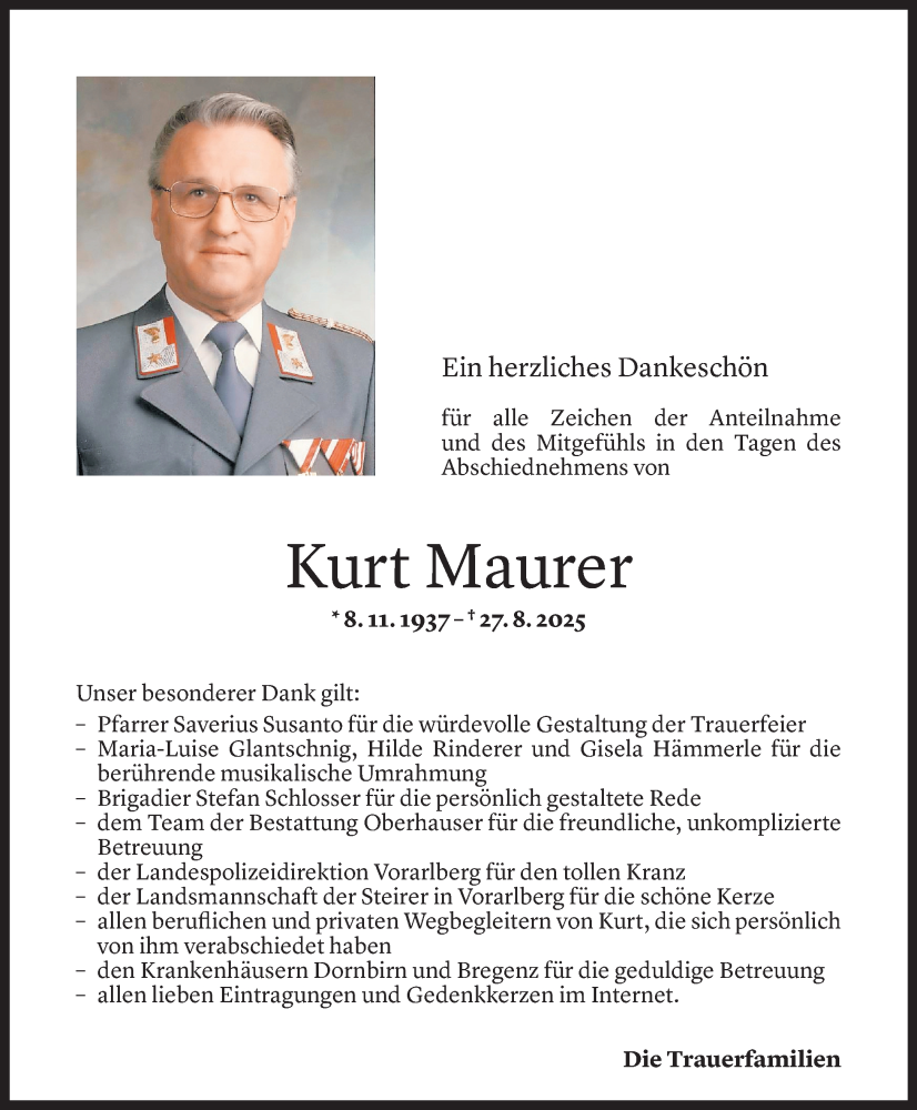  Todesanzeige für Kurt Maurer vom 16.09.2025 aus Vorarlberger Nachrichten