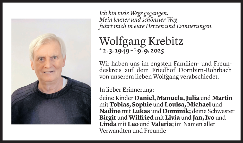  Todesanzeige für Wolfgang Krebitz vom 20.09.2025 aus Vorarlberger Nachrichten