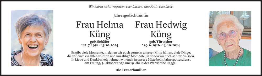  Todesanzeige für Hedwig Küng vom 26.09.2025 aus Vorarlberger Nachrichten