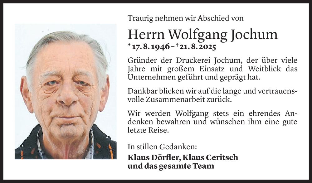  Todesanzeige für Wolfgang Jochum vom 09.09.2025 aus Vorarlberger Nachrichten