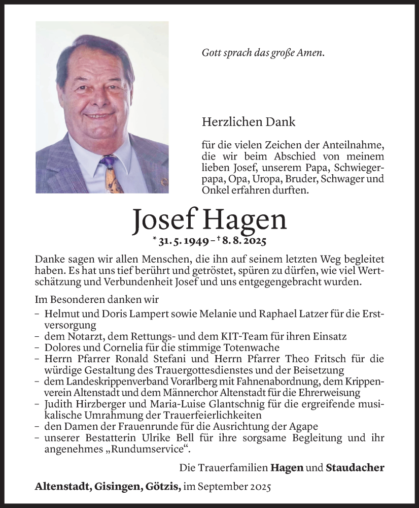  Todesanzeige für Josef Hagen vom 12.09.2025 aus Vorarlberger Nachrichten