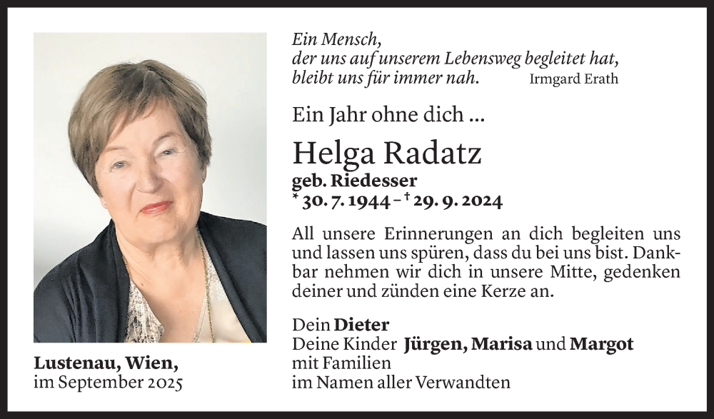  Todesanzeige für Helga Radatz vom 26.09.2025 aus Vorarlberger Nachrichten