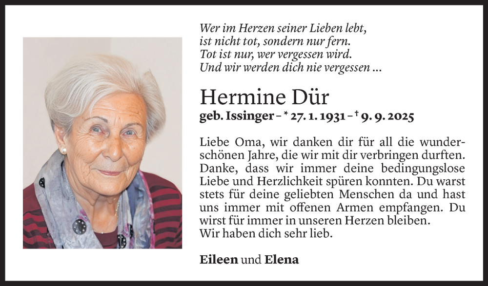  Todesanzeige für Hermine Dür vom 12.09.2025 aus Vorarlberger Nachrichten