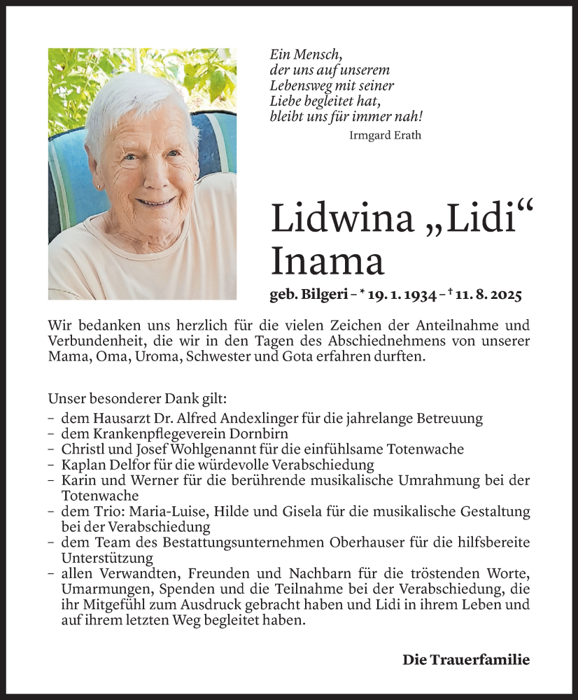  Todesanzeige für Lidwina Inama vom 12.09.2025 aus Vorarlberger Nachrichten