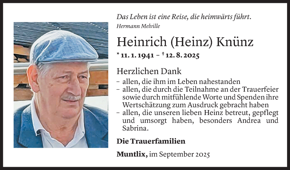  Todesanzeige für Heinrich Knünz vom 03.09.2025 aus Vorarlberger Nachrichten