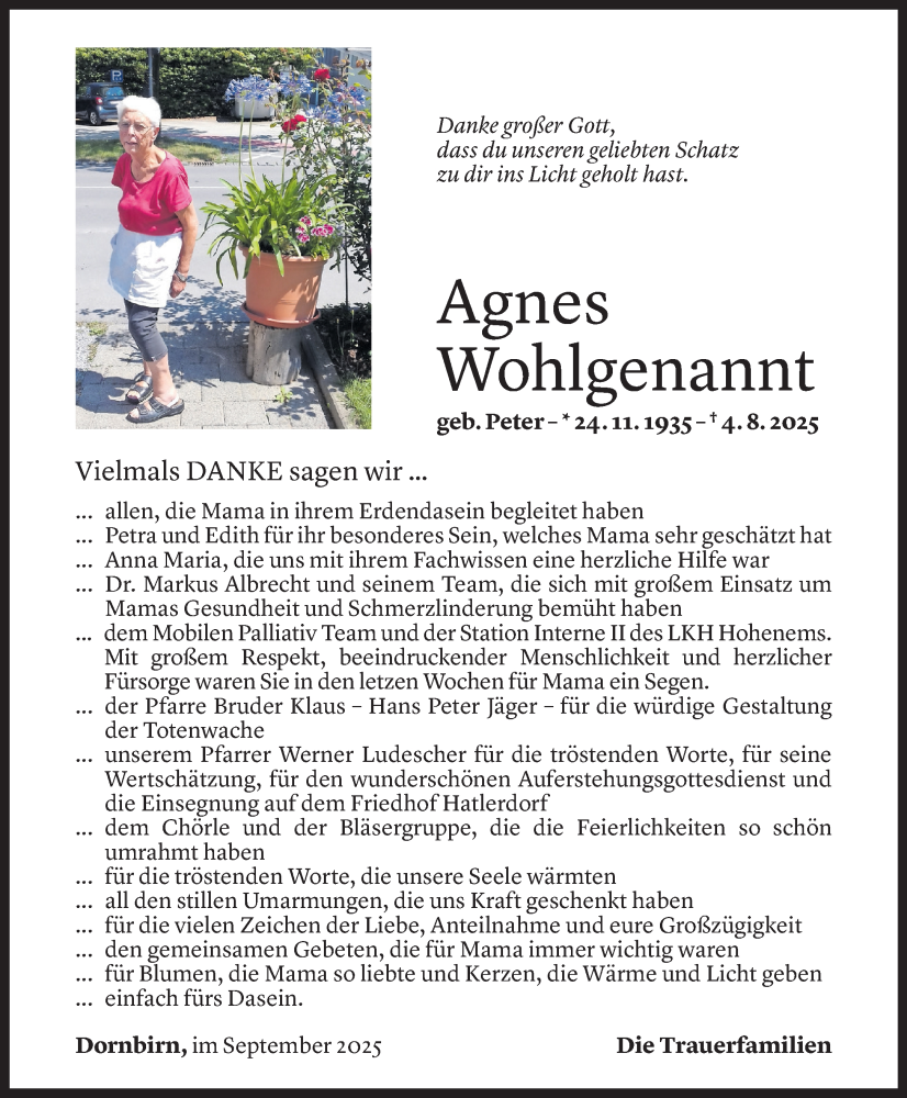  Todesanzeige für Agnes Wohlgenannt vom 05.09.2025 aus Vorarlberger Nachrichten