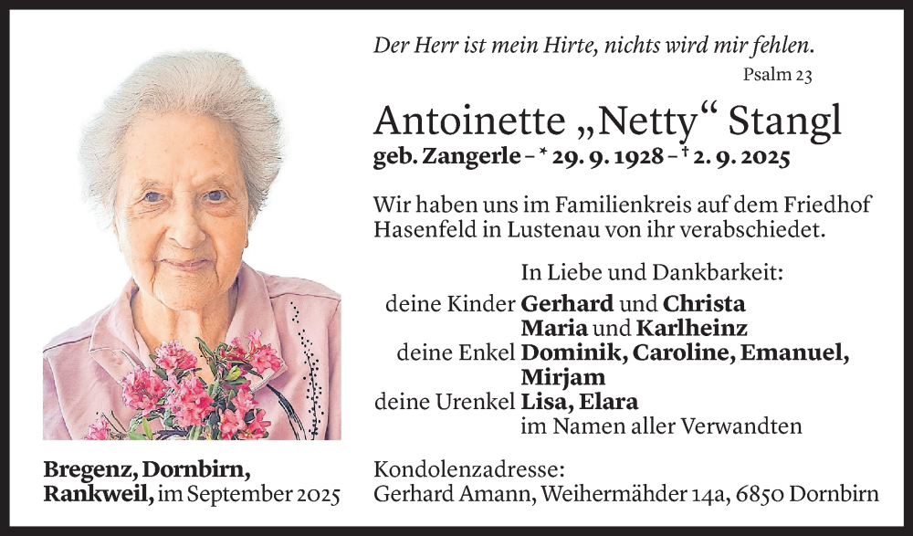  Todesanzeige für Antoinette Stangl vom 13.09.2025 aus Vorarlberger Nachrichten