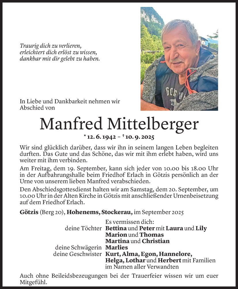  Todesanzeige für Manfred Mittelberger vom 15.09.2025 aus Vorarlberger Nachrichten