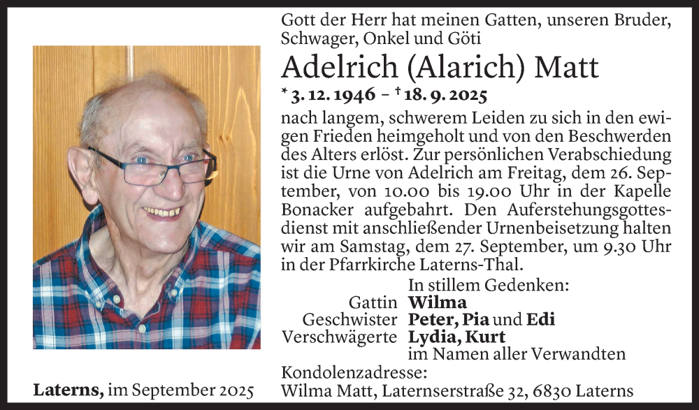  Todesanzeige für Adelrich Matt vom 21.09.2025 aus Vorarlberger Nachrichten