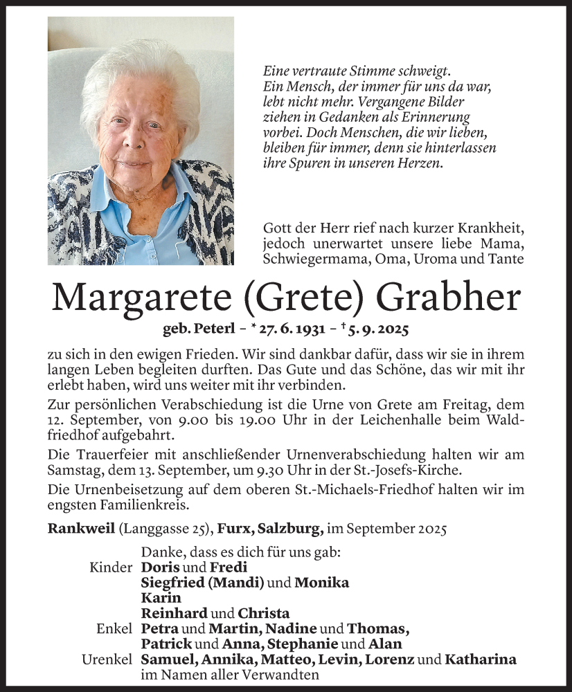  Todesanzeige für Margarete Grabher vom 08.09.2025 aus Vorarlberger Nachrichten