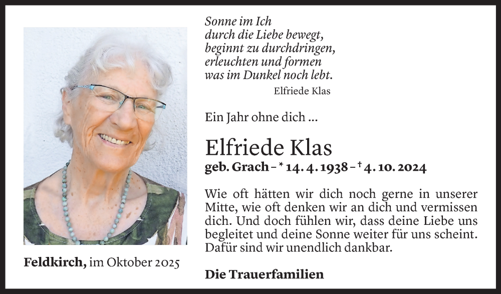  Todesanzeige für Elfriede Klas vom 04.10.2025 aus Vorarlberger Nachrichten