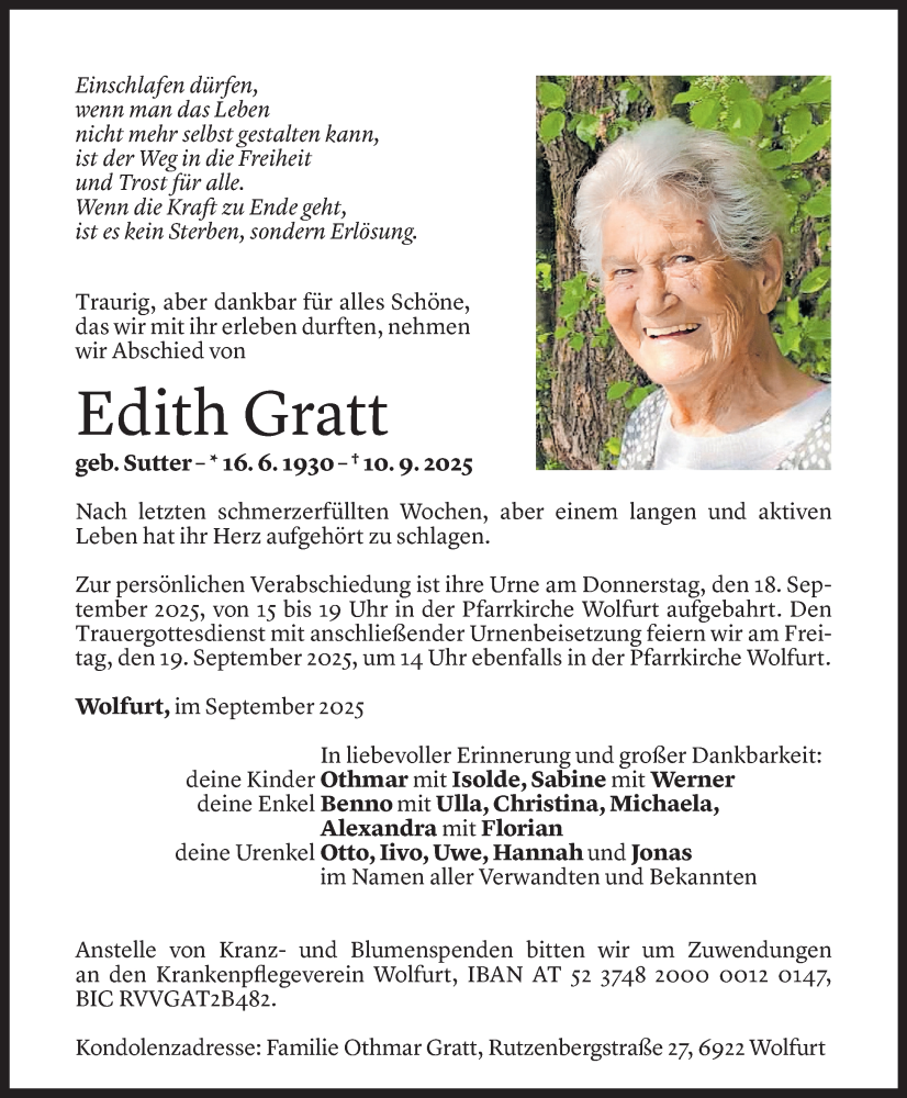  Todesanzeige für Edith Gratt vom 16.09.2025 aus Vorarlberger Nachrichten
