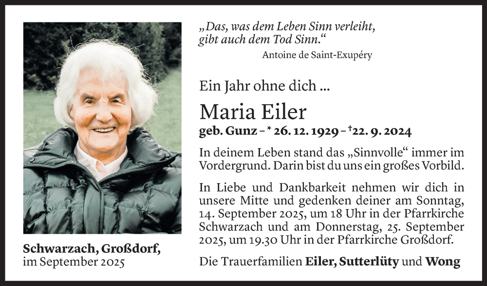 Todesanzeige für Maria Eiler vom 12.09.2025 aus Vorarlberger Nachrichten