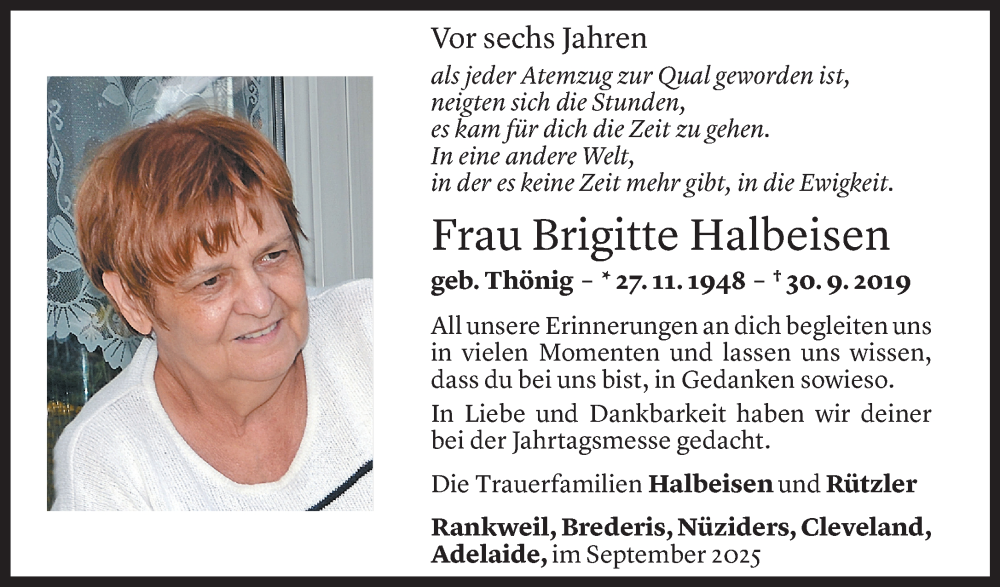  Todesanzeige für Brigitte Halbeisen vom 29.09.2025 aus Vorarlberger Nachrichten