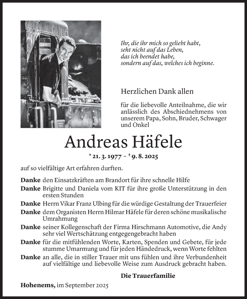  Todesanzeige für Andreas Häfele vom 12.09.2025 aus Vorarlberger Nachrichten