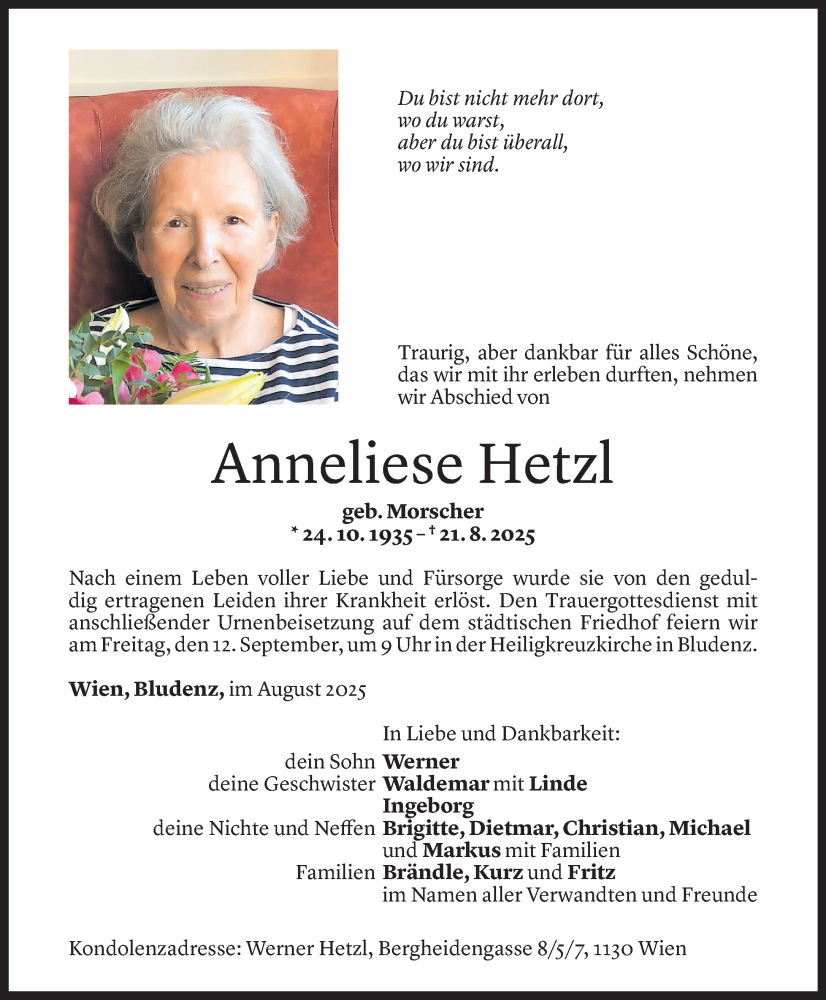  Todesanzeige für Anneliese Hetzl vom 05.09.2025 aus Vorarlberger Nachrichten