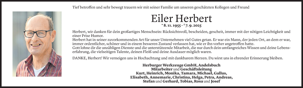  Todesanzeige für Herbert Eiler vom 10.09.2025 aus Vorarlberger Nachrichten