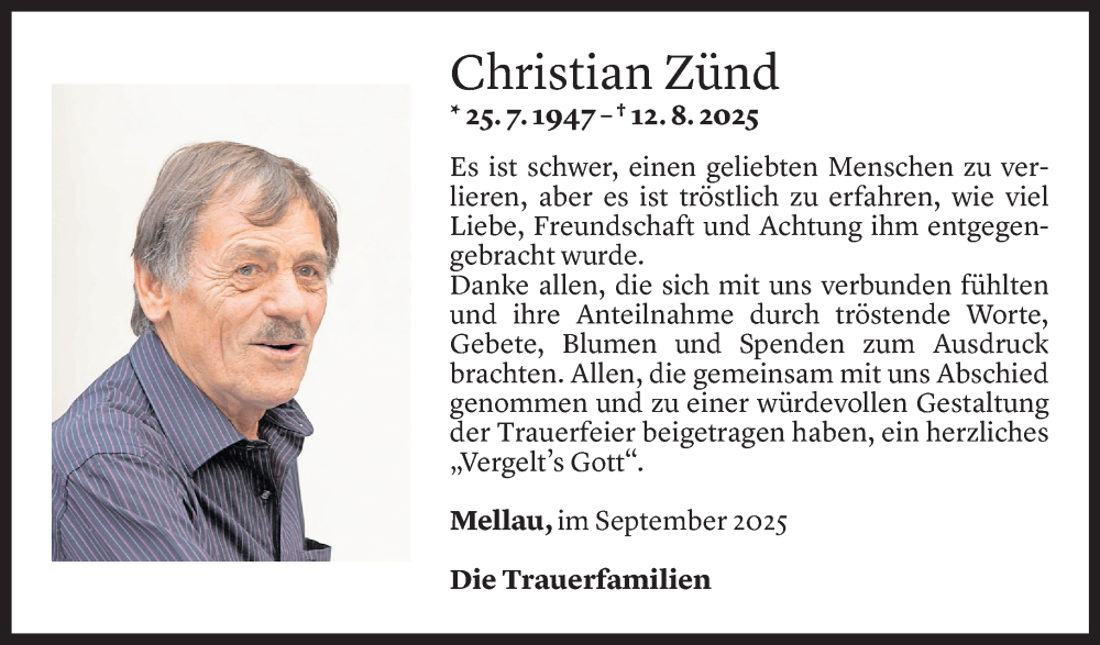  Todesanzeige für Christian Zünd vom 11.09.2025 aus Vorarlberger Nachrichten