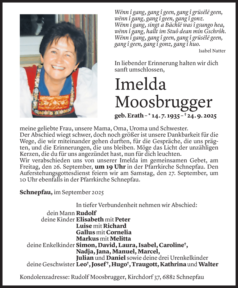  Todesanzeige für Imelda Moosbrugger vom 25.09.2025 aus Vorarlberger Nachrichten