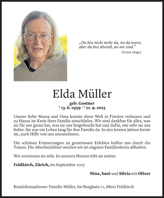 Todesanzeige von Elda Müller von Vorarlberger Nachrichten