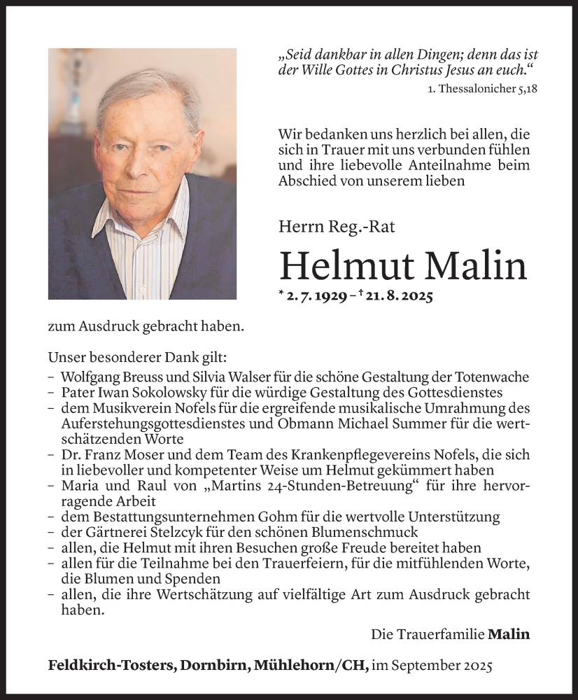  Todesanzeige für Helmut Malin vom 11.09.2025 aus Vorarlberger Nachrichten